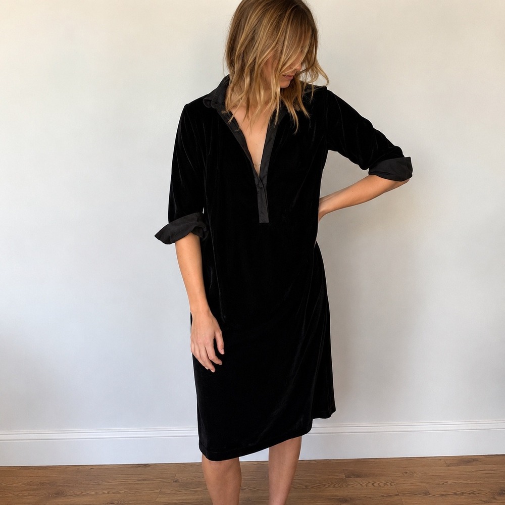 Emerson Fry Black Velvet Silk Blend Belted Midi Dress Size 8 Minimalist Holiday